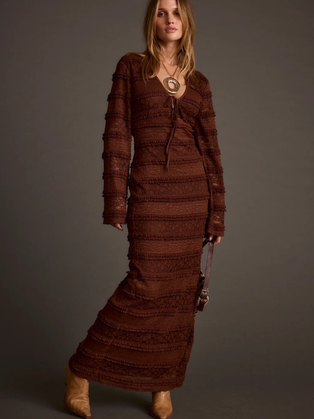 SINCERLY JULES Espresso Brown Lace Boho Festival Long Sleeve Maxi Dress NWT M